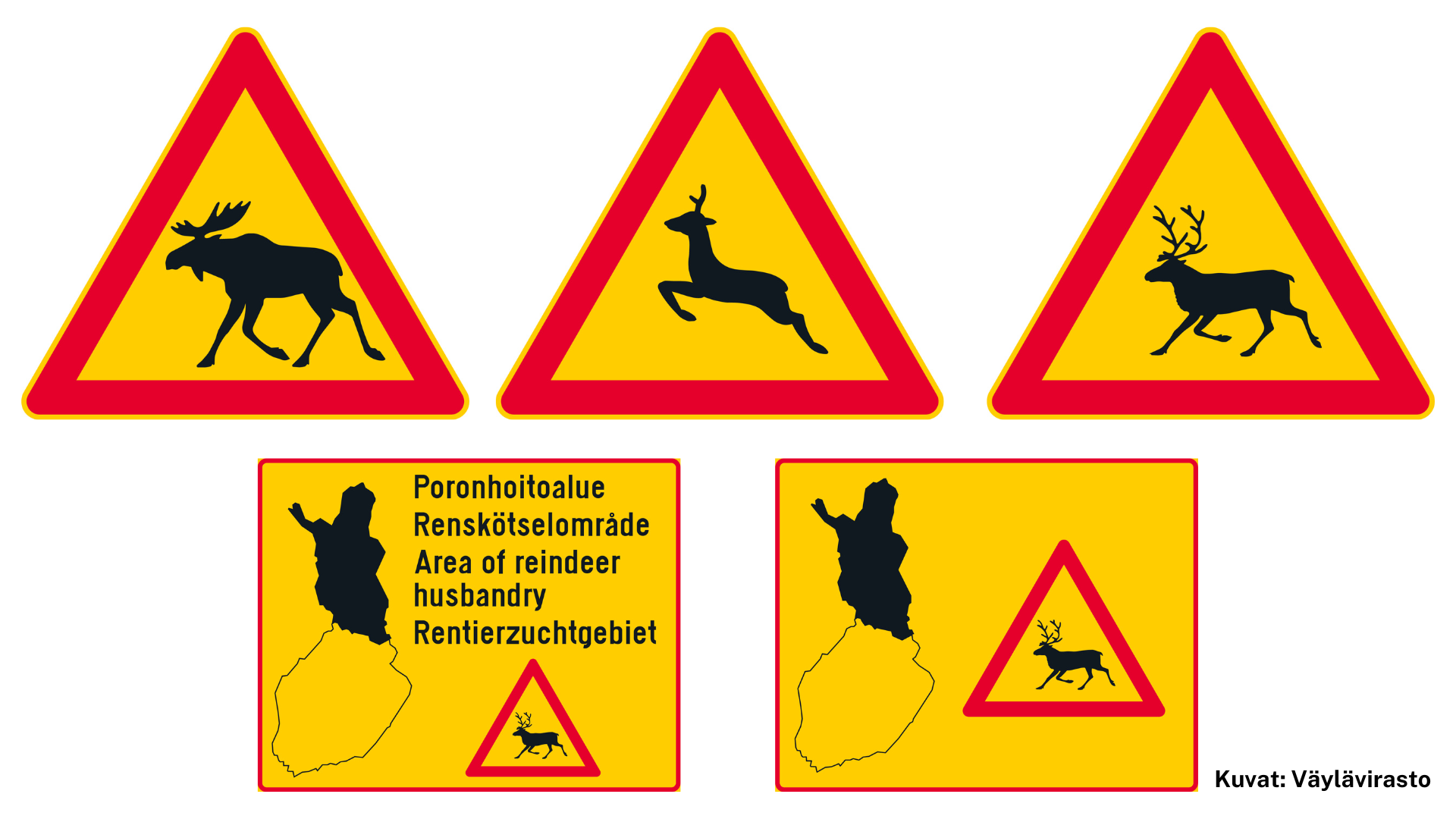 Varoitusmerkit hirvi, kauris, poro ja poronhoitoalueesta kertovat liikennemerkit