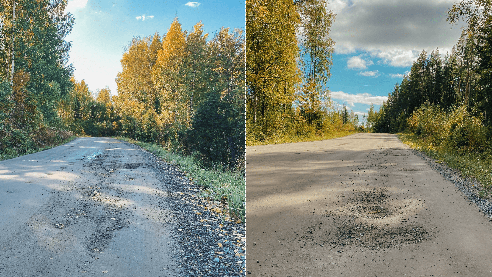 Kaksi soratietä, joissa erilaisia kuoppia.